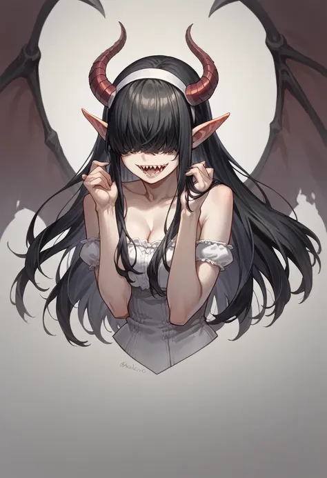 rosto detalhado, grandes olhos, sharp teeth, hair over eyes, hairband, demon horns, demon wings, long hair, pointy ears, elf, bl...