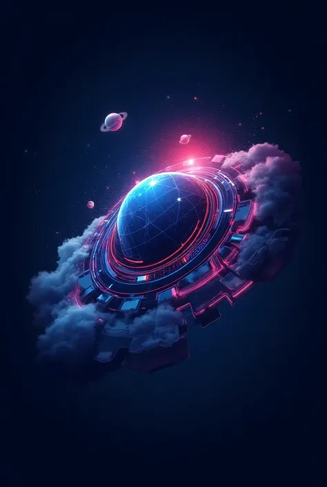 a type of logo that shows some augmented reality with striking colors with clouds and machines, a night sky background with clearly visible stars and planets.