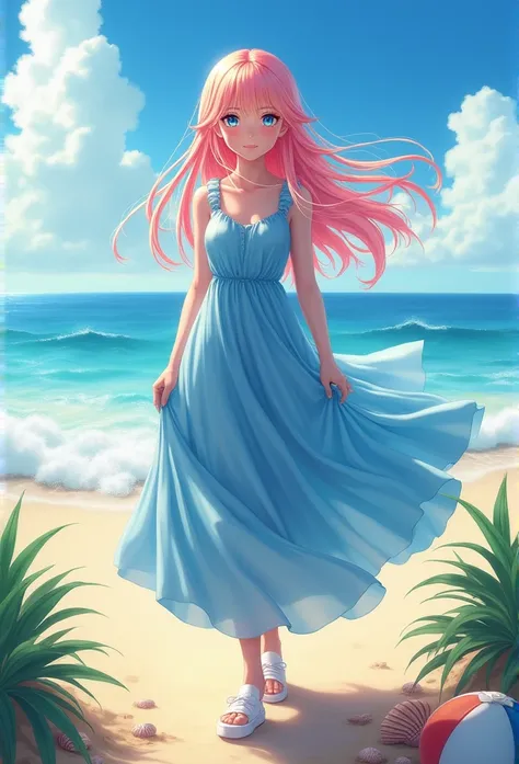 Delicate and beautiful CG art),(Melhor qualidade,   ultra-detailed white shoes  ,  high resolution ),(dynamic angle,  dynamic lighting ),(1 character),( Long pink and blond hair), blue eyes, beautiful face), 1 girl, (long sideburns, plants, smile, LONG BLU...