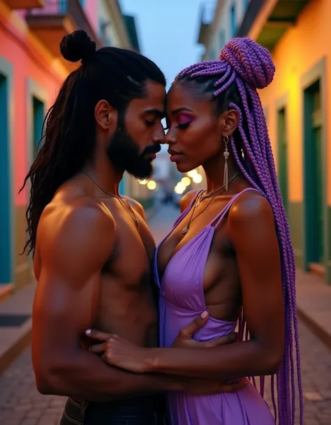 Front view, posed toward the camera, a sexy couple on a romanctic and sensual date, sexual tension, colorful neighborhood of Old Havana in Cuba, beautiful colorful buildings, beautiful outfits, romantic date night, dimly lit, romantic lighting, sensual atm...