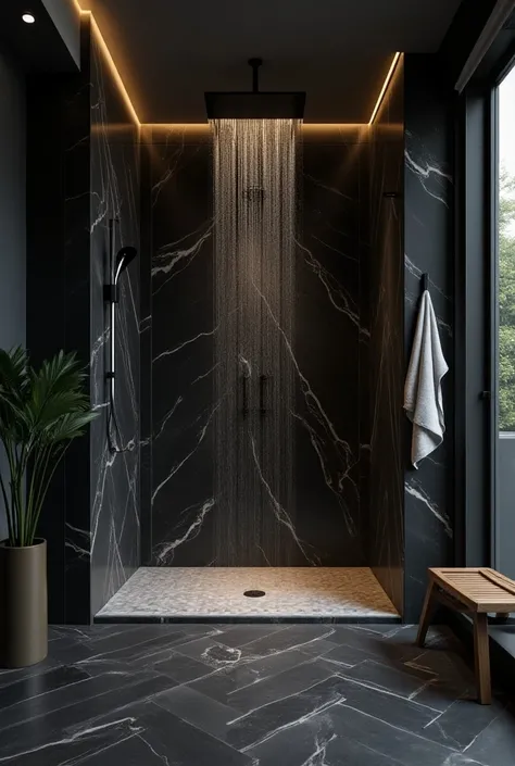 Black and white marble bathroom, walk-in shower, glass enclosure, modern design, ceiling shower, Dark flooring, geometric tile pattern, indoor lighting, minimalist, wooden chair, potted plant, hanging towel, warm ambient light Elegant, contemporary atmosph...