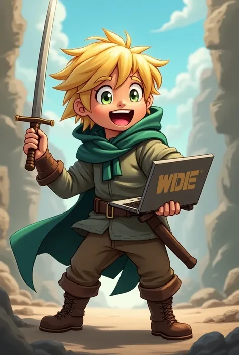 Image of a short , blonde laughing like guardian , using cloak and swords ,  holding a laptop with the word WDE