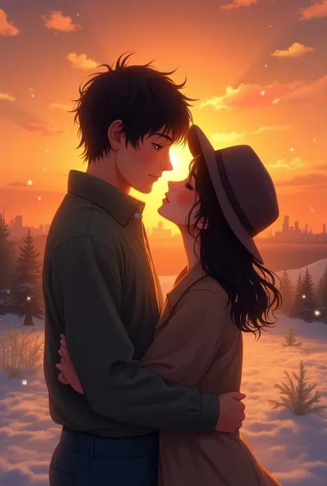 a black-haired boy,  kissing a girl with black hair . He is tall and she is a little short ;  she has loose hair and a hat on her head ;  he has a little long hair and is messy on his head . In the sky there is a beautiful sunset and the city is projected ...