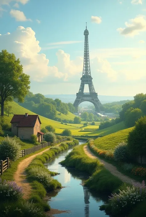 I want a landscape of France in a landscape format with the Eifel Tower in the background