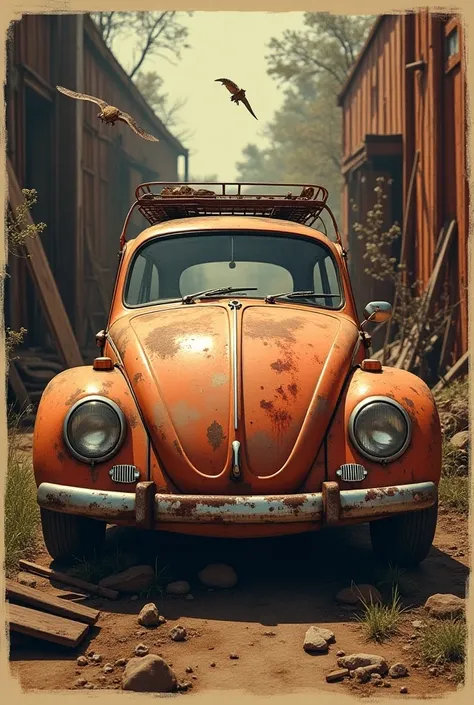 Prompt: “Vintage vw beetle poster, beetle car, in the style of rustic simplicity, gritty reportage, kombuchapunk, rusty debris, hyper-realistic animal illustrations, red and amber, wide-angle lens.”