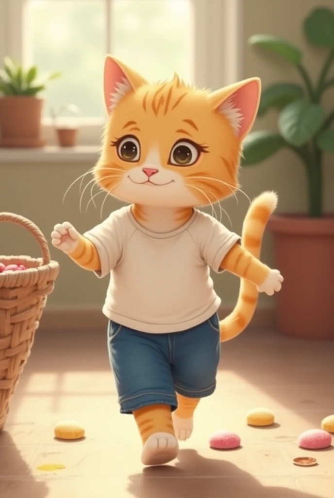 Kitten son dressed in blue shorts and white shirt separates from his cat mom for going to grab some candy 