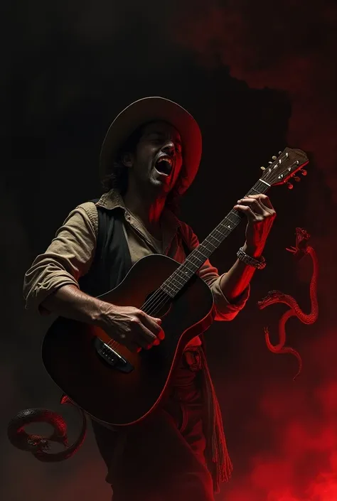 A gaucho with a guitar lying inside a cave screaming surrounded by a snake and a demon and at night with red reflections