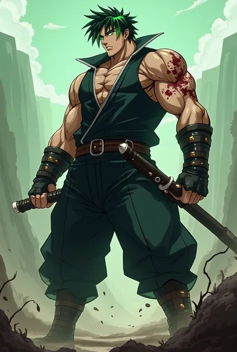 Raiden stands tall with a broad, muscular build, giving him a strong and imposing presence. He has short, spiky black hair with green highlights, subtly matching Maki’s color palette, and dark green eyes that reflect his fierce determination. He has sharp ...