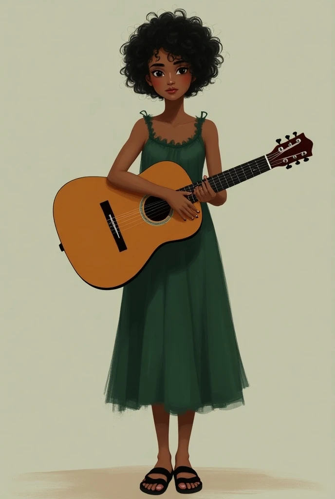  Create a girl with short curly hair, a little more saggy , wearing a slime-colored green dress , Your skin color is brown (mulatto),  she will stand holding the guitar on her left hand, wearing a black sandal 