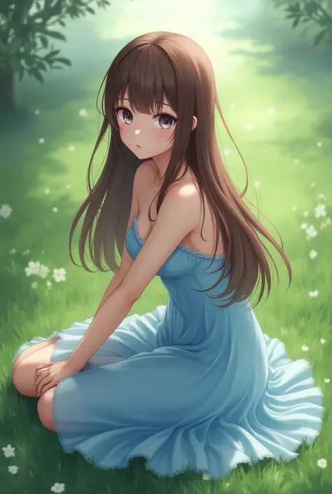  Anime Girls  with long brown hair and a blue dress kneeling on grass, 可愛いアニメのワイフを素敵なdressで, dress,  cute anime girl visual ,  ANIMEMOA ART STYLE, smooth anime cg art, seductive  Anime Girls , beautiful  Anime Girls , pretty  Anime Girls , Beautiful Anime ...