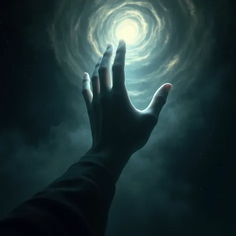 generate an image that refers to the creation of the world according to Genesis with a mysterious and dark tone with an outstretched celestial hand