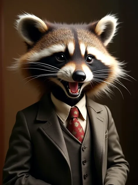 (Masterpiece) Light sculpting photography of a laughing raccoon in English style suit.