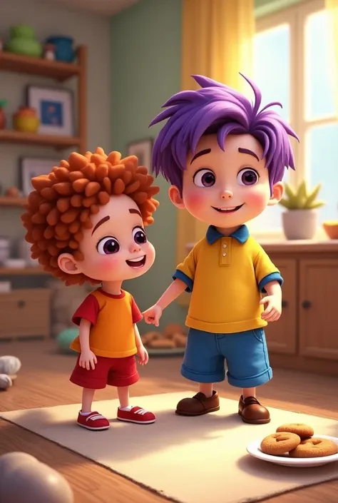 Disney Pixar drawing two characters from an animated show.  The character on the left has smaller curly red hair, big eyes and one wearing an orange shirt with red sleeves and red shorts. A slightly larger character on the right has straight purple hair ey...