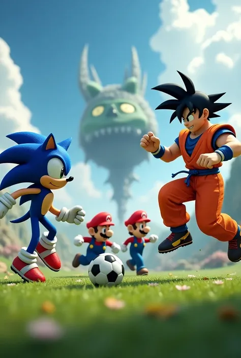 Sonic and Goku playing with Mario Bros. soccer and an anomaly in the background