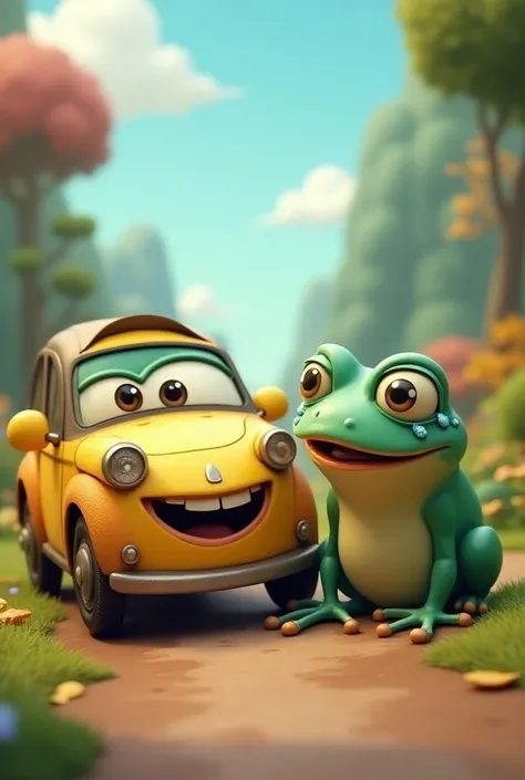 Make a car smiling with a crying frog