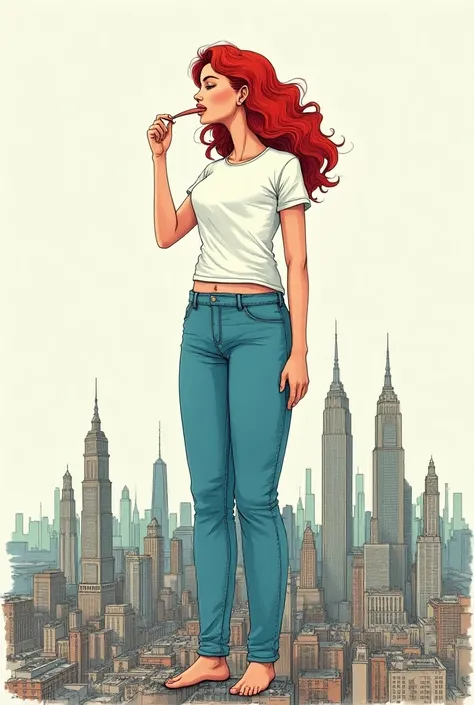 hand-drawn giant girl , in a white T-shirt,  with red hair and blue pants , but he stands and licks the skyscraper 