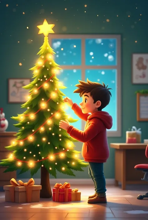 Poster with ren turning on Christmas tree lights at a school