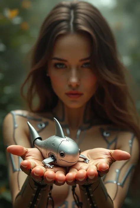 A very beautiful woman with a robot body and a very cute baby robot shark on her palms, as if she raised her palm in a supernatural way, the womans brown