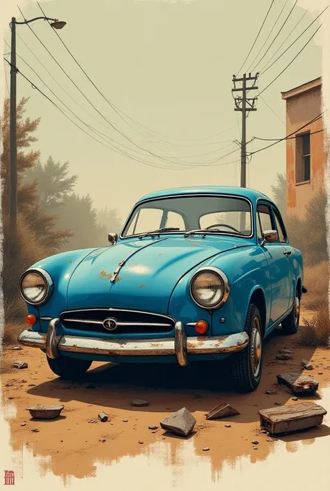 Prompt: “Vintage Chevette poster, Chevette car, blue color, in the style of rustic simplicity, gritty reportage, kombuchapunk, rusty debris, hyper-realistic animal illustrations”