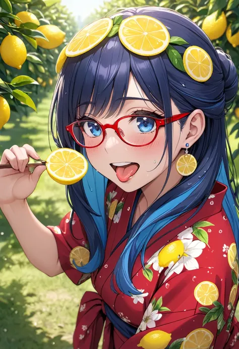 (Masterpiece, High Resolution:1.4), (8K, RAW photo:1.3), Top angle, Professional photo, Perfect anatomy, Gaze, Leaning forward, MILF, Japanese idol face, (Realistic:0.5), (Eating sweet summer:1.5), (Lemon print, Red yukata:1.5), (Harvest in the orchard:1.5...