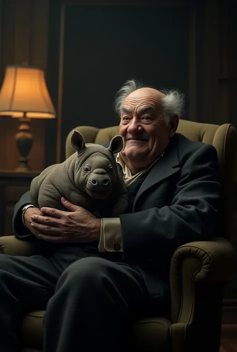 Scrooge uncle holding a baby rhinoceros in his lap 