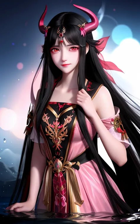 1 girl,  Long hair,  high resolution ,  looks at the viewer,  black hair ,  red eyes,  very long hair , horns, Hair clip, pink eyes, Shine, Accuracy,  better quality,  high resolution , Closed ears, closed mouth, Partially underwater, tape,  hair ornament ...