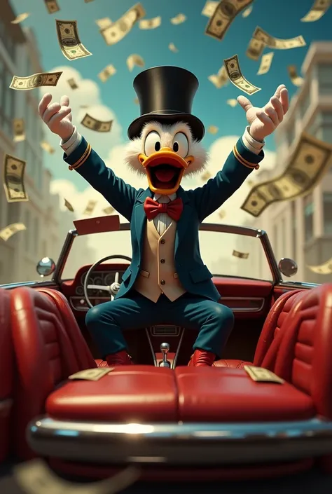 create an image of Scrooge McDuck inside a Porsche, throwing dollars in the air