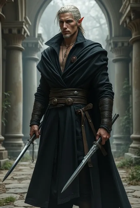 half breed male, half moon elf ,half high elf,assassin,full body,Minas Ithil,blonde hair with silver highlights,facial hair, medium wolf haircut, daggers ,magic