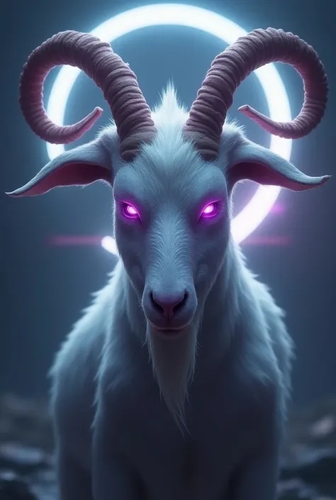 a demonic white goat with purple eyes,free fire logo,C.R Purgados,cinematic image,dramatic lighting,dark mood,intricate details,sharp focus,high contrast,digital painting,fantasy art,digital illustration,concept art,4k,8k,highres,masterpiece:1.2,ultra-deta...