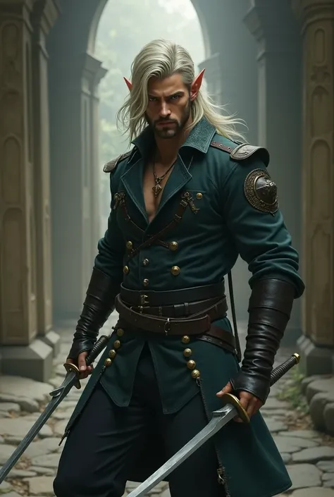 half breed male, half moon elf ,half high elf,assassin,full body,Minas Ithil,blonde hair with silver highlights,facial hair, medium wolf haircut, daggers ,magic