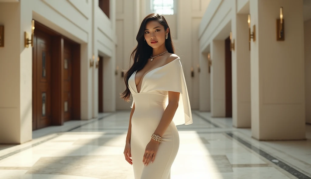 beautiful woman, chic white dress, asian woman, busty, in large room, brutalist deco room, art deco, short cape, delicate jewelry
