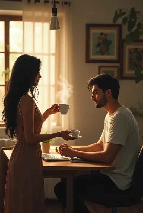 A Brazilian woman with dark brown hair around her waist and medium beige skin ,  bringing coffee to her husband who has medium brown hair, strong, Who works Homeofice 