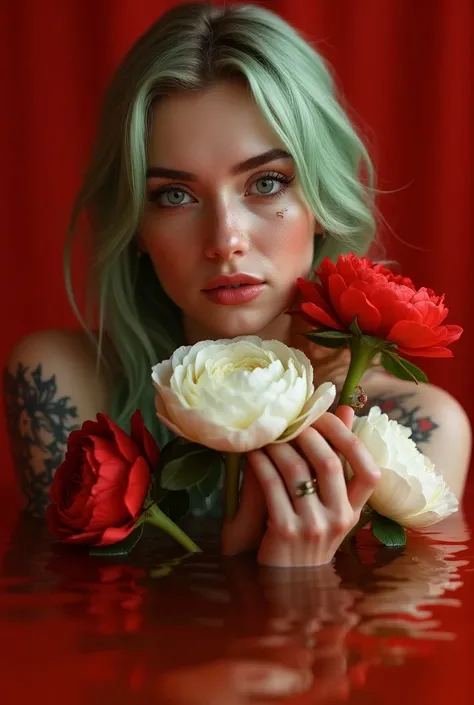  an arrangement of flowers and the hands of A Beautiful Sicilian Woman, Lying with long light sage green hair, sage green eyes, scenographic eyeliner, freckles, natural lips, piercing, tattoos, Ci sono rose rosse e fiori bianchi peonie bianche, with visibl...