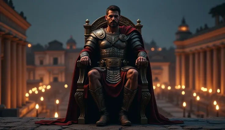  Roman soldier sitting on a chair of the time, In its background Roman city , at night