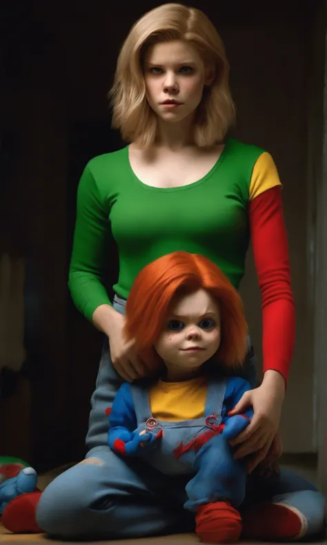 A young Kate Mara, age 20, playing the role of Chucky, wearing a scandalous sexy body paint only costume themed after Chuckys costume, Kate has large cracks and breaks in her skin crudely sewn or stitched back together in places marring her perfect porcela...