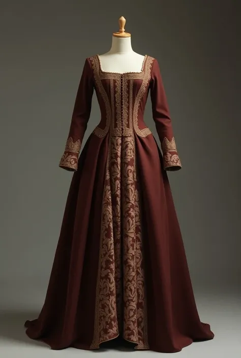 The medieval royal dress is crafted from thick, durable fabric such as wool or linen, designed to provide warmth and protection in cooler climates. The gown has long sleeves that taper toward the wrists, and its silhouette flows gracefully to the floor. Th...