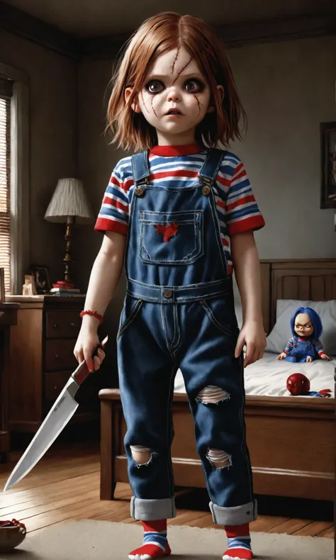 A young Kate Mara, age 20, playing the role of Chucky, wearing a scandalous sexy body paint only costume themed after Chuckys costume, Kate has large cracks and breaks in her skin crudely sewn or stitched back together in places marring her perfect porcela...