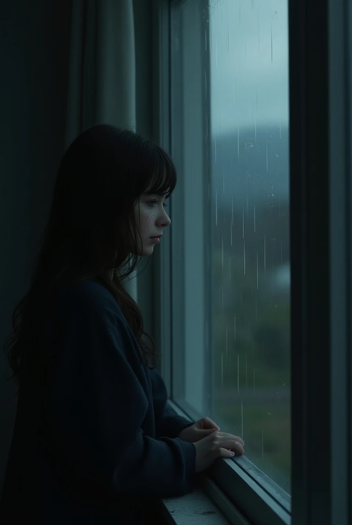 The girl is grown up, one, is sad, cries and looks out the window ,  heavy rain is pouring outside the window.