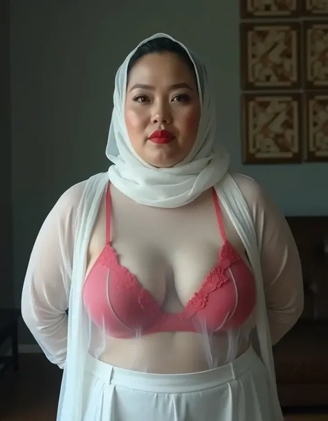 Tangan dibelakang punggung, a 50 year old Indonesian woman, wearing a transparent (white hijab) so that the shape of her very large breasts is clearly visible, is posing sexy, with her hands dibelakang punggung, beneath her white shirt a red bra is clearly...