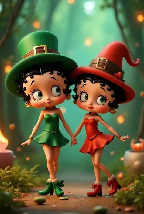 Betty Boop and Jane in playful poses with leprechaun costumes, in Disney Pixar animation style, surreal, anthropomorphism 1.6, detail enhancer 0.7, v0.2 hyper-realistic cinematic on a Disney background with motion or glow effects, Disney Pixar characters a...