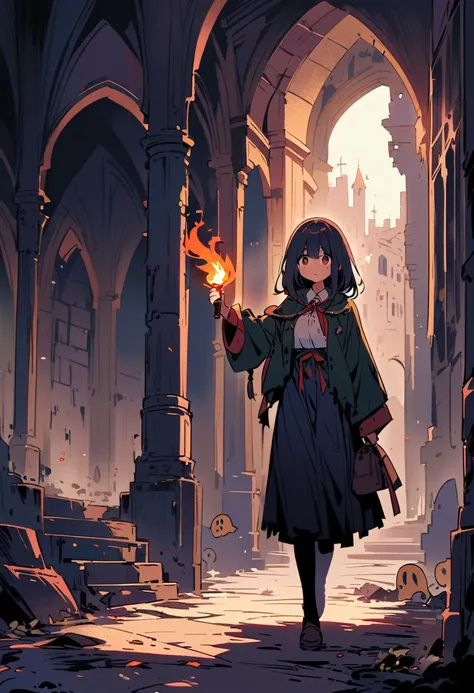  a scared girl ,  walking in a dark and abandoned castle,  with a torch in her hand , ghosts follow 