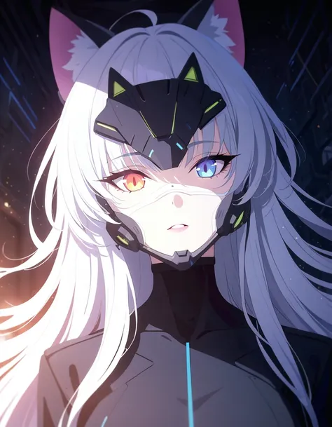 1girl, cat girl, white long hair, full body, black sci-fi suit, sci-fi styled ear covers, cosmic background, detailed face, beau...