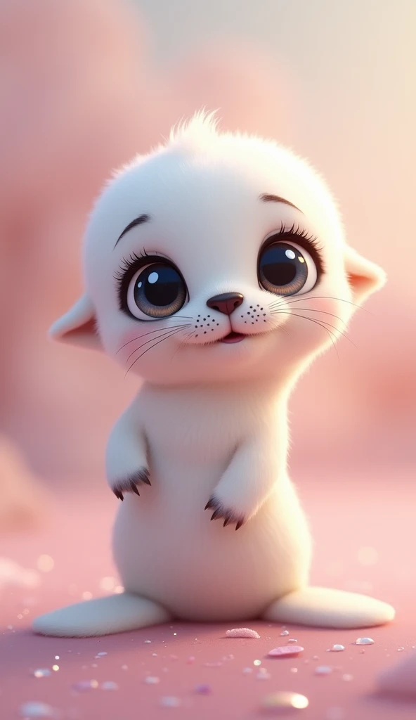 a cute baby female white seal, extremely detailed eyes, extremely detailed nose, extremely detailed lips, extremely detailed face, long eyelashes, wearing a biquini, adorable facial expression, disney pixar style, standing on hind legs, pastel colors, soft...