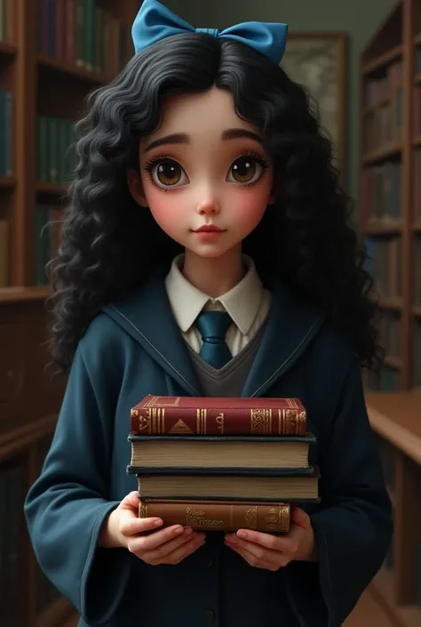 Make an image of a girl with black and curly hair on her back with books in Harry Potters hands and a blue ribbon in her hair on her back 