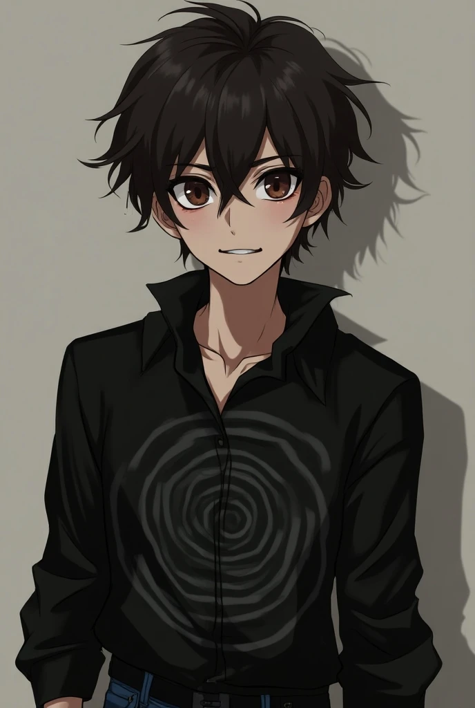 A 20 year old boy,with a sinister smile , brown eyes with spiral pupil, black blouse with spiral print ,a pair of jeans,dark brown hair,anime