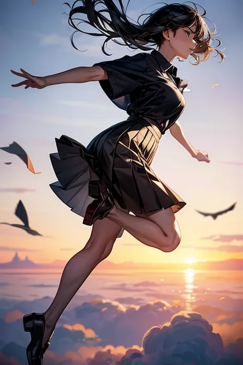 (masterpiece:1.2, top-quality), (realistic, photorealistic:1.4), beautiful illustration, (natural side lighting, movie lighting), the most beautiful female, 8 heads tall, short black hair, white polo shirt, navy pleated skirt, brown loafers, (leaping over:...