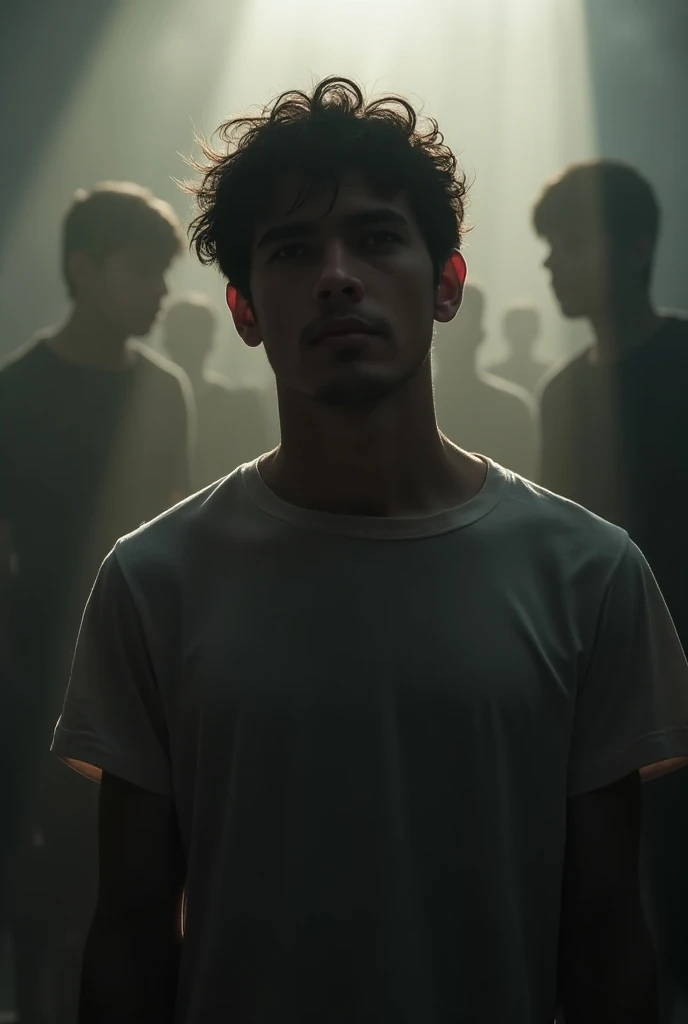 A young man, approximately 26 years old, is in the foreground. He has a determined and hopeful expression. His hair is short and messy, and he wears a simple t-shirt. His gaze reflects the wisdom of someone who has lived and learned from pain.
In the backg...