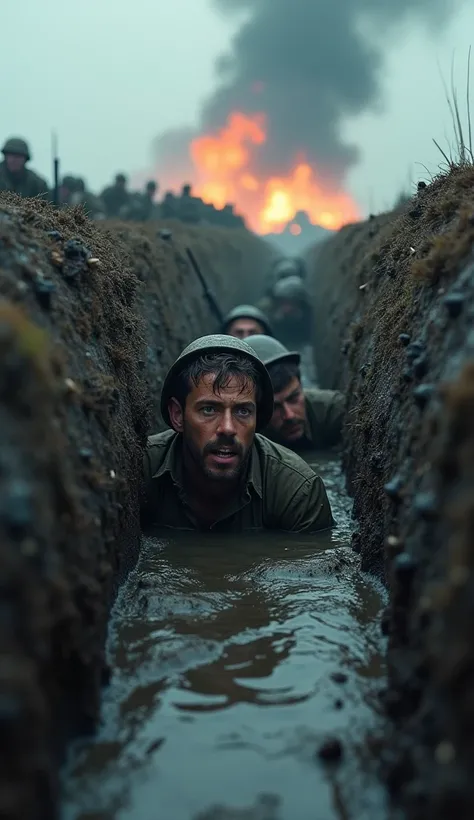 A dramatic 4K scene of a trench filled with water and mud, as soldiers huddle together while bombs explode in the distance. The camera shakes slightly to emphasize the chaos. (UHD, cinematic, dark mood, raw intensity)