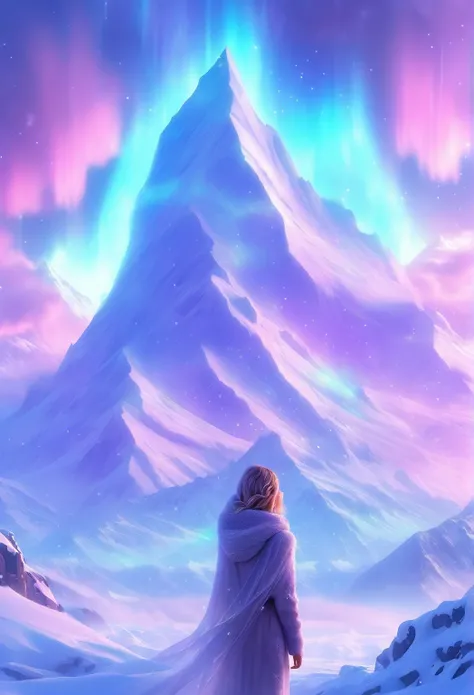 Model shooting style, (extremely detailed 8k cg wallpape),extreme light，1girll，Stand under the iceberg，Admire the beautiful Northern Lights，Personachi Cyberpunk [Snow-capped mountain landscape with fog：Transparent ethereal girl，snow mountains：0.33] Immerse...