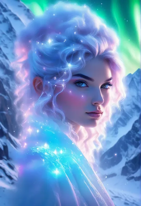 Model shooting style, (extremely detailed 8k cg wallpape),extreme light，1girll，Stand under the iceberg，Admire the beautiful Northern Lights，Personachi Cyberpunk [Snow-capped mountain landscape with fog：Transparent ethereal girl，snow mountains：0.33] Immerse...